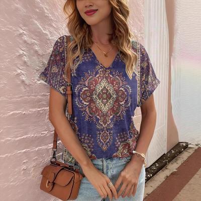 Fashion Printed Women's Short Sleeve V-Neck Top Versatile T-Shirts Women’s