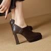 Retro Waterproof Table Black Deep Mouth High Heels Round Head Thick Sole Thick Heel Spring and Autumn Brown 10cm