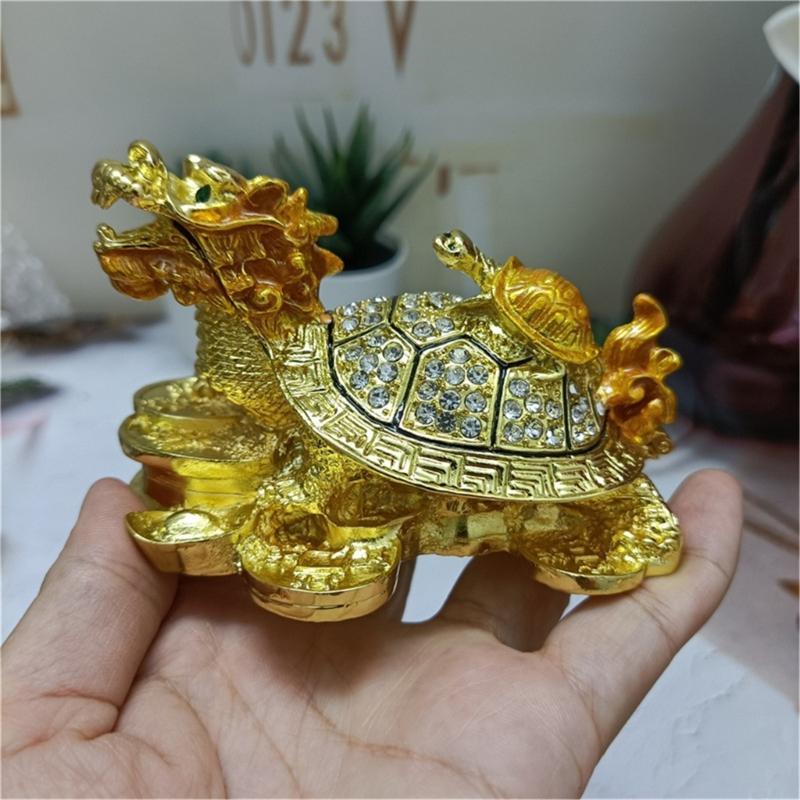 Traditional Chinese Rhinestones Metal Dragon Turtles Figurines Jewelry Case Ornament for Home and Office Desktop Decors