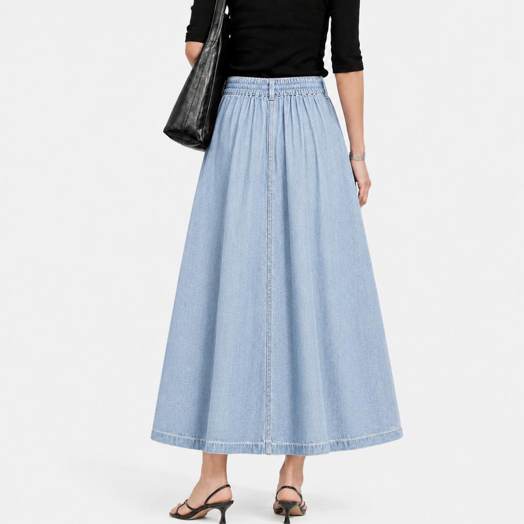 Retro blauer gespaltener Denim-Midirock für Damen in, übergroß, um Bauch und Dünnheit zu bedecken, mittellanger A-Linien-Rock