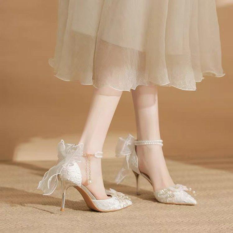 Fashion Fashion High Heels Spring Women's Stiletto Pearls Ankle Buckle Bride Shoes Bow Fashion 6cm 8cm Thin Heeled Wedding Pumps Shoes