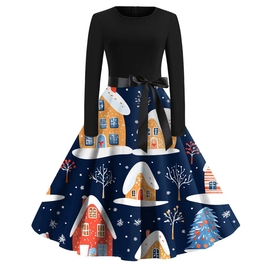 Women's Fashion Round Casual Slim Fit Christmas Print Large Swing Long Sleeve Dress