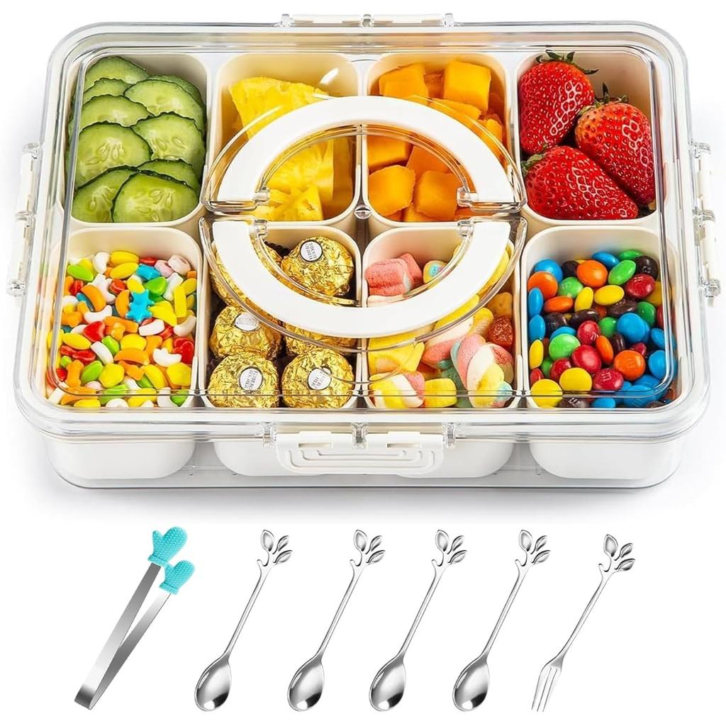 Large 8-Compartment Clear Divided Serving Tray with Lid,Handle,Airtight Food Storage Container,Removable Compartments