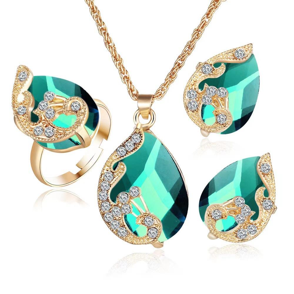 3PCS Peacock Gemstone Lady Jewelry Set Temperament Shiny Crystal Waterdrop Necklace Hoop Earring Ring Gold Color Evening Jewelry