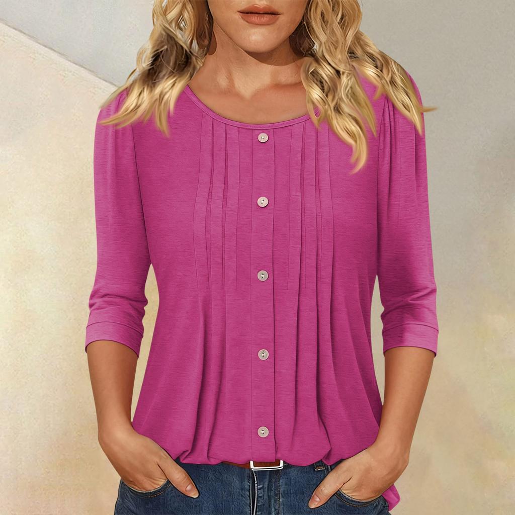 Women's Fashionable Casual Three,quarter Sleeve Button Color Round Neck Top