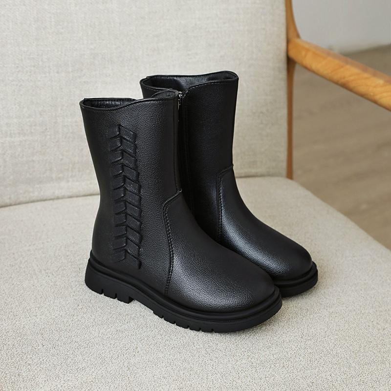 Children's Leather Boots for Girls Korean New Winter Plus Velvet Versatile Casual Soft-soled Sweet Princess Elegant Chic Boots