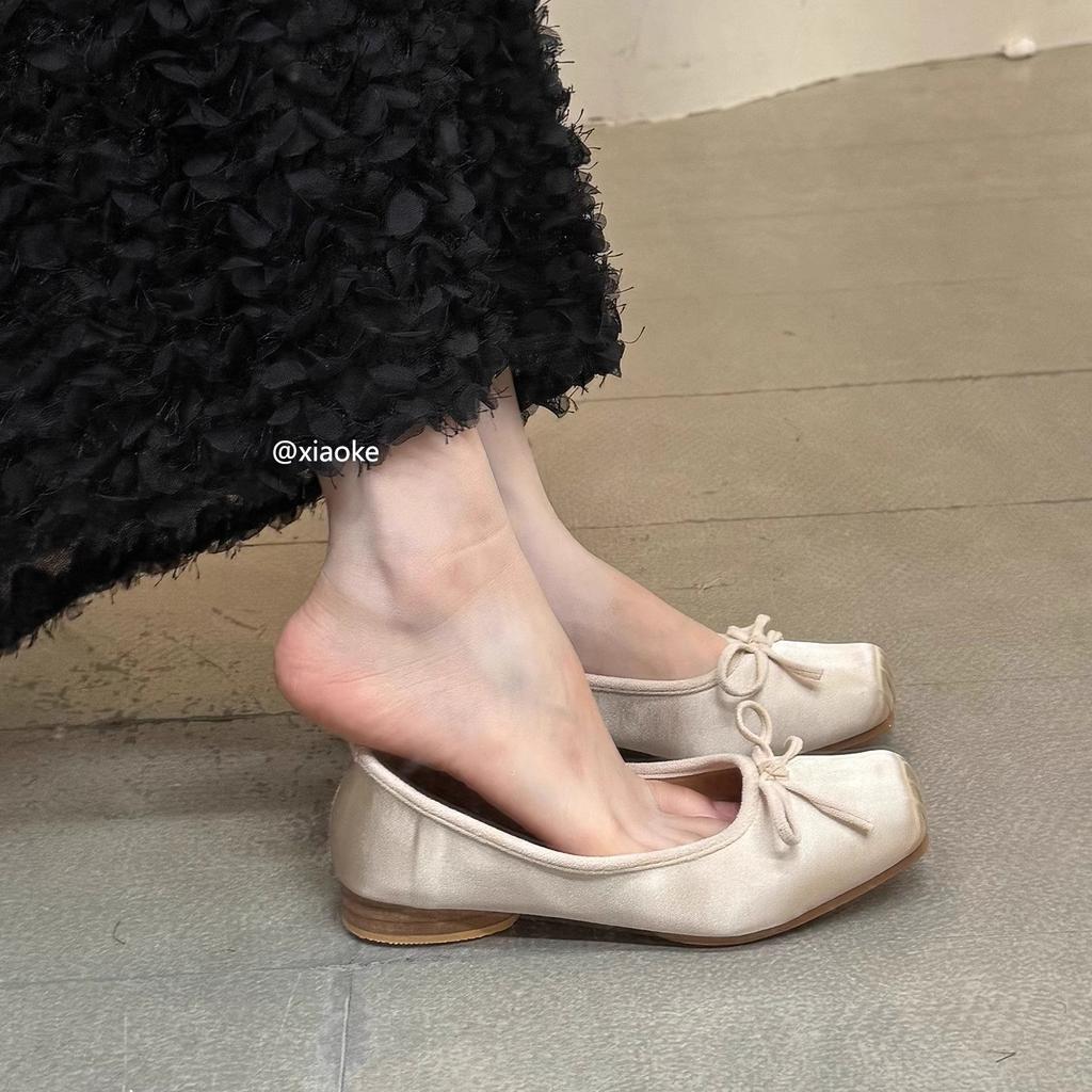 Low-heeled thick-heeled ballet shoes for women's outer wear retro square head 2025 spring and autumn new French flat-bottomed pig nose single shoes
