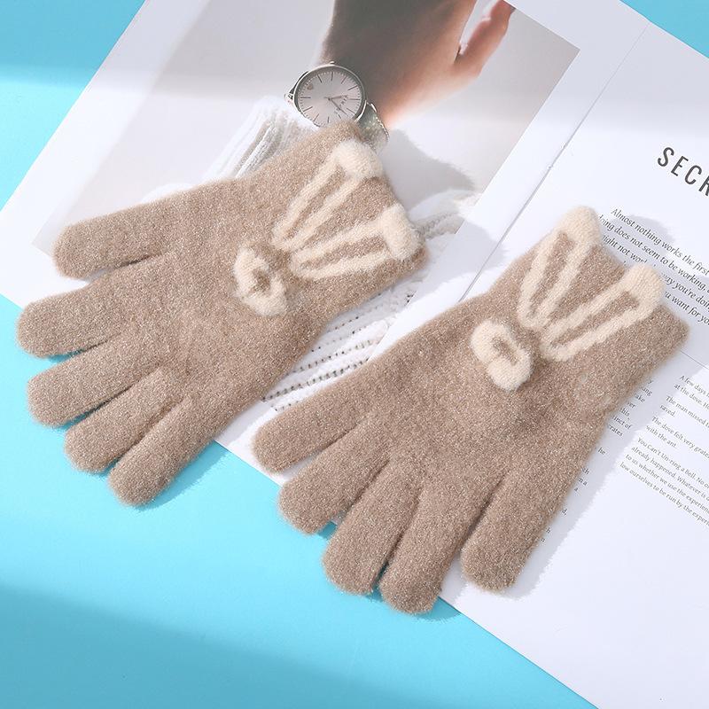 Rękawiczki damskie na zimę dziergane z uroczym króliczkiem z kreskówki, pogrubione, ciepłe, wełniane, z ekranem dotykowym, dla studentów do pisania i jazdy, aby chronić przed falami zimna