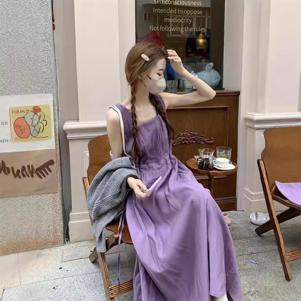 French Gentle Purple Sleeveless Spaghetti Strap Dress for Women, Summer Elegance Drawstring Waist-Cinching Slimming Camisole Long Dress