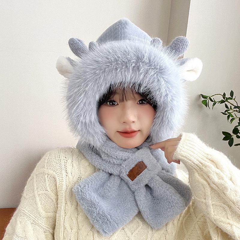 Women's Cozy Fox Ear Plush Hat with Integrated Scarf - Warm, Soft Lei Feng Design for Autumn and Winter. Perfect Ear Protection for Students.