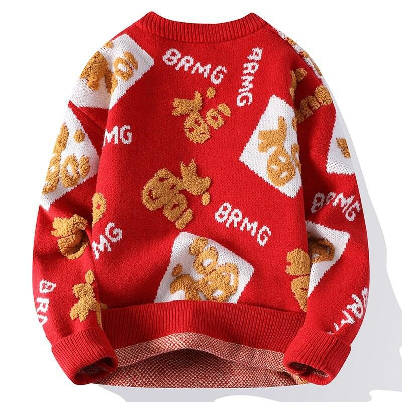 Hot Selling Explosive Autumn and Winter New Casual Crew Neck Loose Sweater Chinese Red Fuzi Knitted Sweater for Men