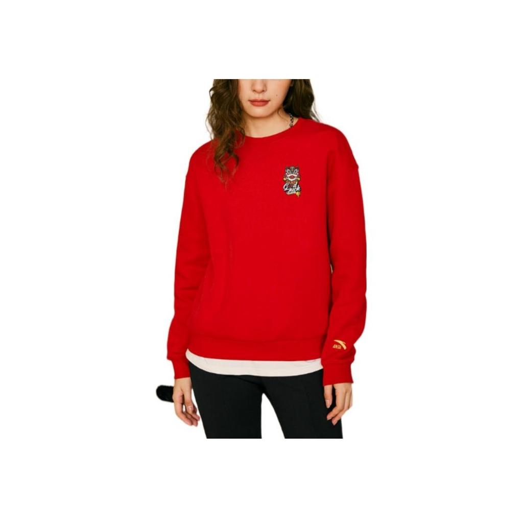 Anta Embroidered Pattern Round Neck Pullover Sweatshirt Women sweatshirt Deep-Red 162318737-2