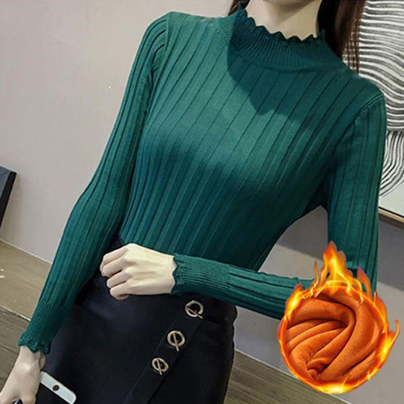 

Женский тонкий утепленный свитер с подкладкой, зимний новый короткий повседневный теплый вязаный свитер с полувысоким воротом 2XL темно-зеленого