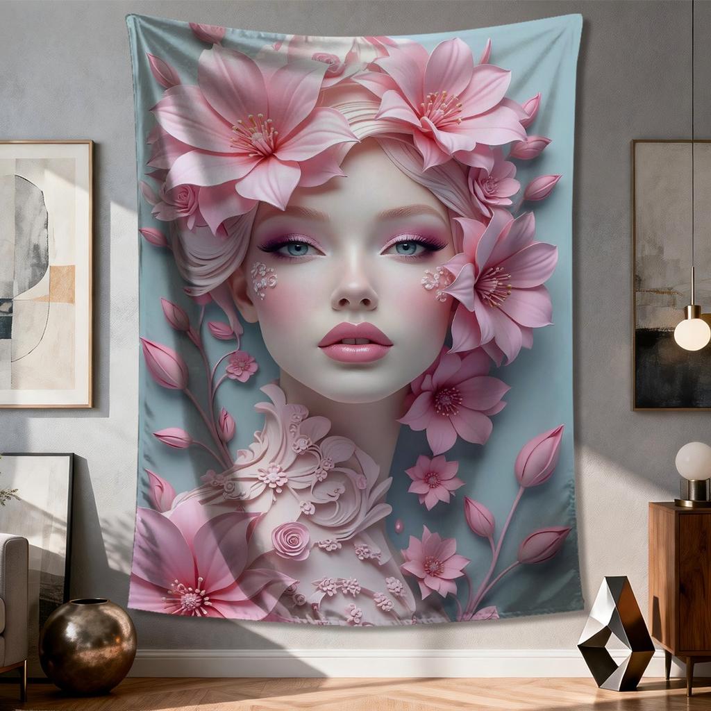 Pink Flower Goddess Tapestry Single Sided Print Polyester Wall Hanging for Bedroom Living Room Aesthetic Feminine for Home Decor
