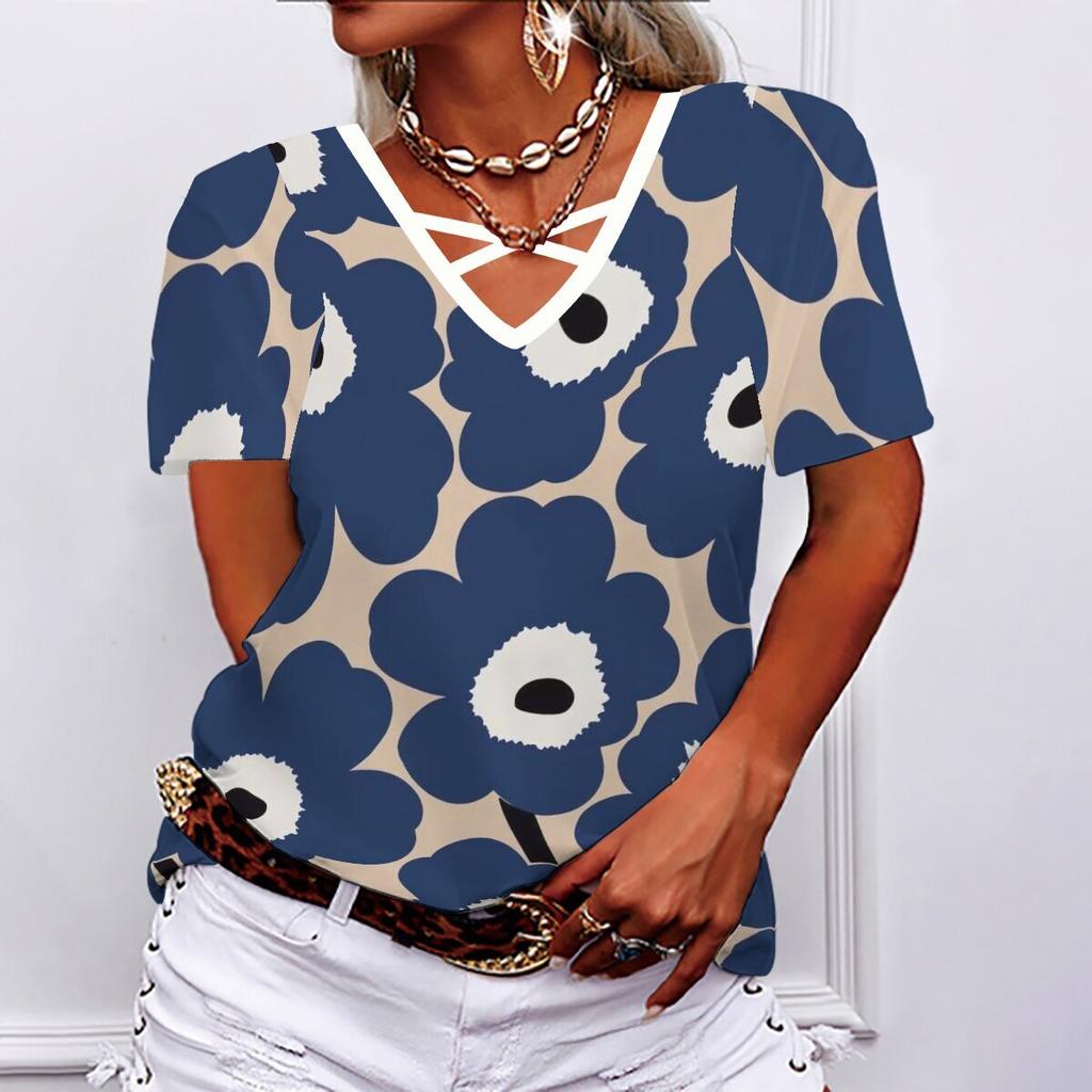 Amoretu Women's V-Neck Short Sleeve Tee - Casual Summer Blouse, Grey, Size M, Cotton, Loose Fit - View #8