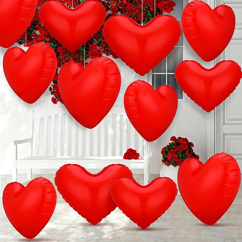 Jetec 12 Pcs Giant Valentine's Day Inflatable Heart Blow up Outdoor Decorations Include 6 Pcs 24'' and 6 Pcs 16'' PVC Valentines Outdoor Heart