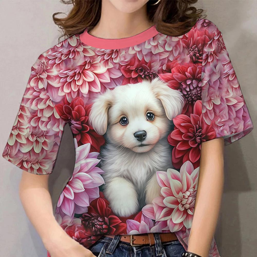 Women's T-Sleeve Contrast Color Puppy Pattern Printing Fashion Casual Y2k Women's Clothing High-Quality Short-Sleeved