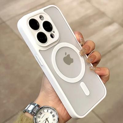 Matte Armor Magnetic For Magsafe Metal Cap Case For iPhone 15 14 13 12 11 Pro Plus Max Wireless Charging Translucent Cover