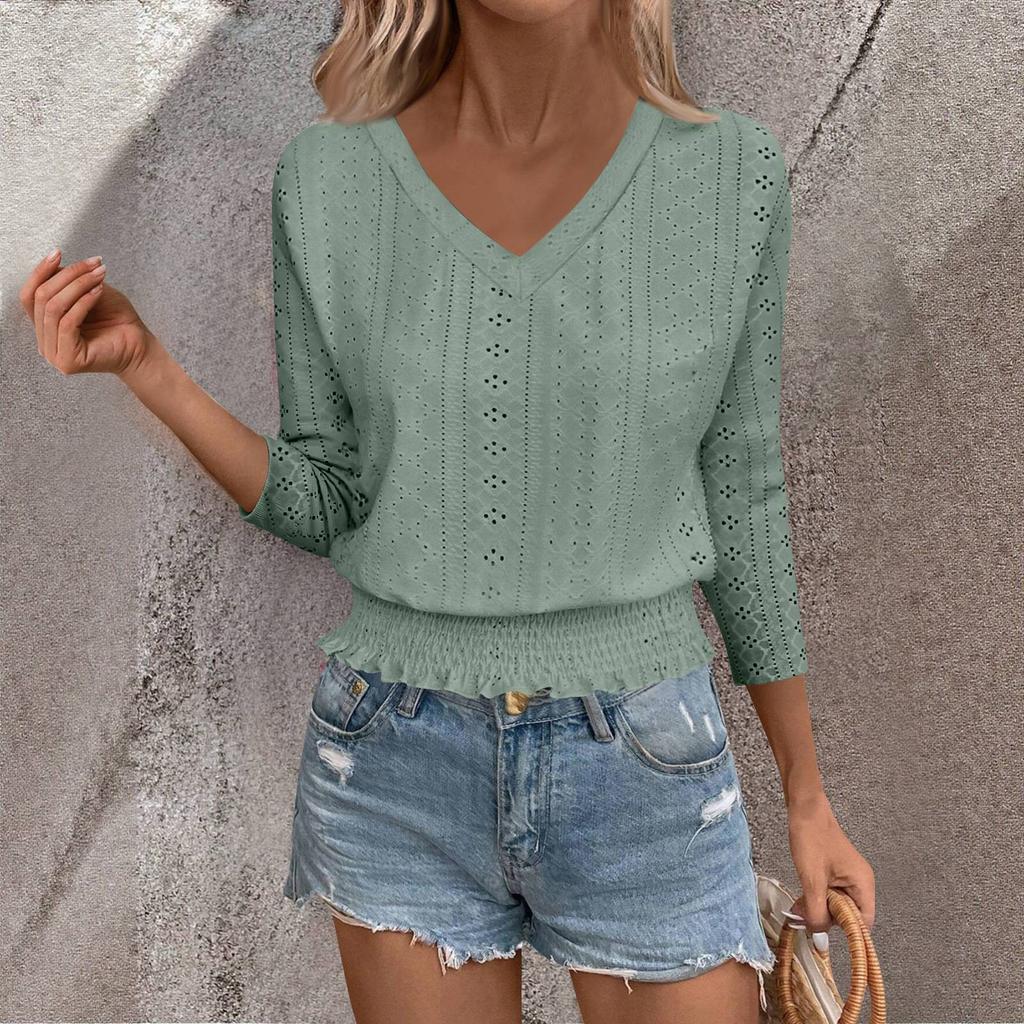 Women's T Shirt Tee Solid-color Fashion Round-neck 3/4 Sleeve Tunic Top