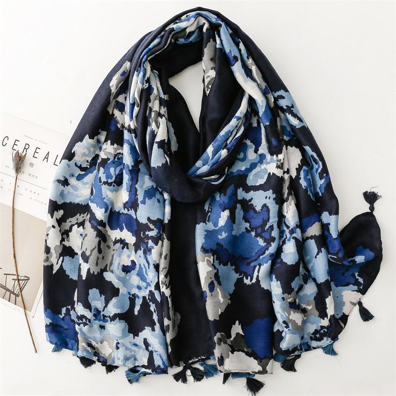 Vintage Ink Painting Leopard Tassel Viscose Shawl Scarf Lady Print Soft Pashmina Hijab And Wraps Foulard Muslim Sjaal 180*90Cm