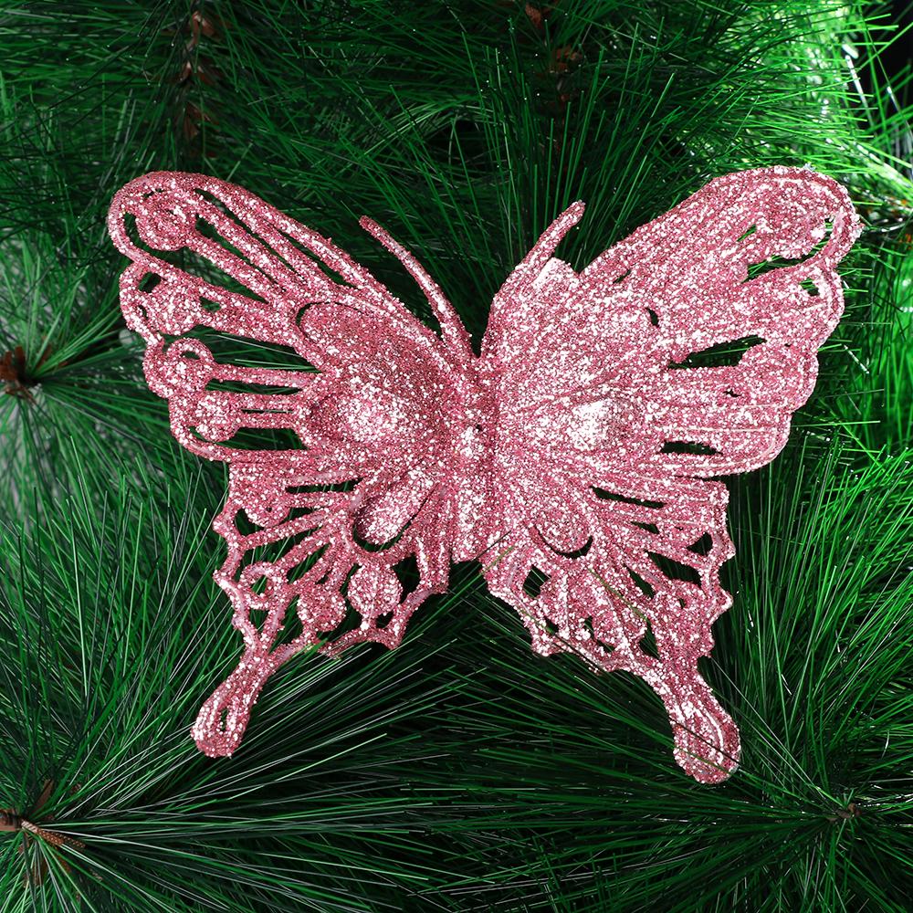 Christmas Butterflies Xmas Tree Ornaments Single Layer Gold Powder Glitter Artificial Flower DIY Crafts Christmas Tree Decor