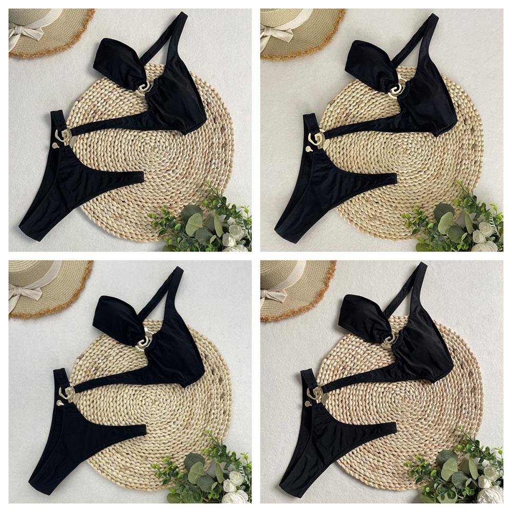 OFTBUY 2025 New Women Sexy One Piece Swimsuit Hollow Thong Metal Bikini Set Solid Halter Neck Bathing Suit Biquini Beachwear