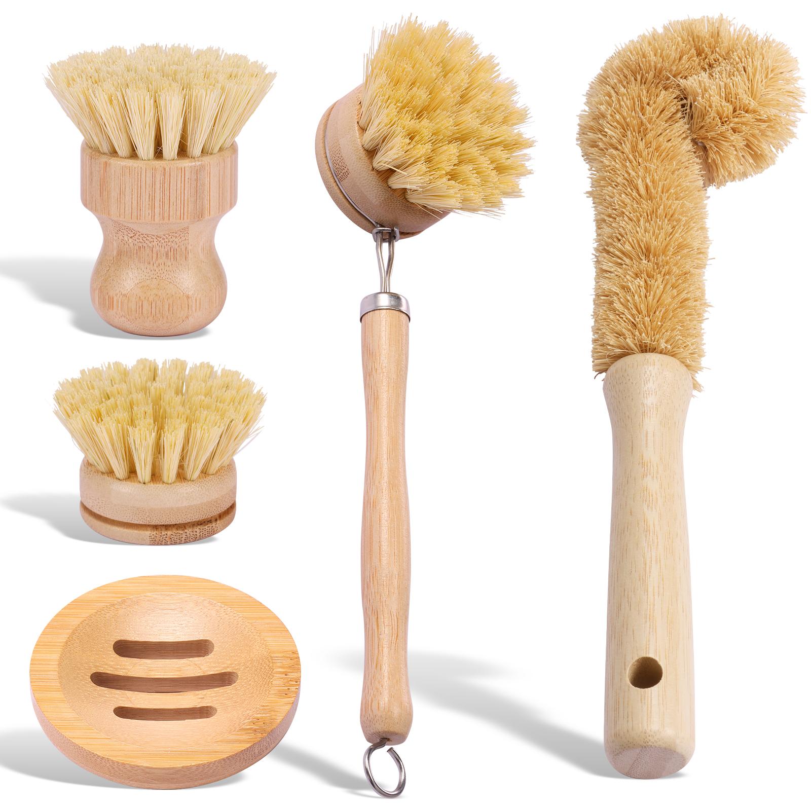 5Pcs Bamboo Dish Brush Set Pot Cleaning Brush Long Handle Kitchen Dishes Scrubber Strong Decontamination Rust Removal Utensils