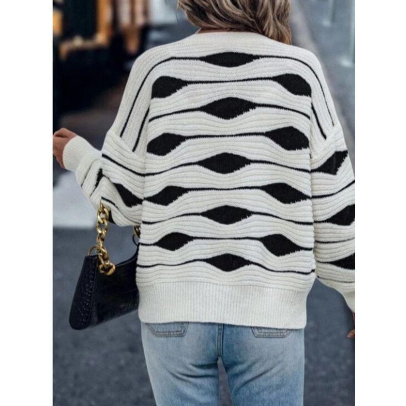 Autumn and Winter New European and American Fashion V-neck Single-Breasted Stripe Loose Knit Cardigan Long Sleeve Sweater Outerwear Bottoming Shirt
