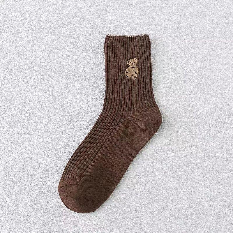 

Женские весенне-осенние полосатые носки средней длины из махрового хлопка с вышивкой медведя 1 pair глубокая кофе