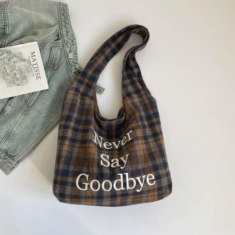 

High value plaid bag women s Korean version fashion heavy industry embroidery letter tote bag college large capacity shoulder bag