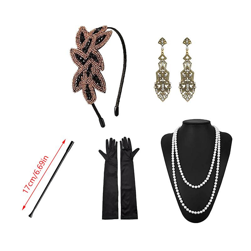 1 Set 1920'S Flapper Cosplay Costume Feather Headband Pearl Necklace Bracelet Stockings Long Glove Gatsby Masquerade Accessories