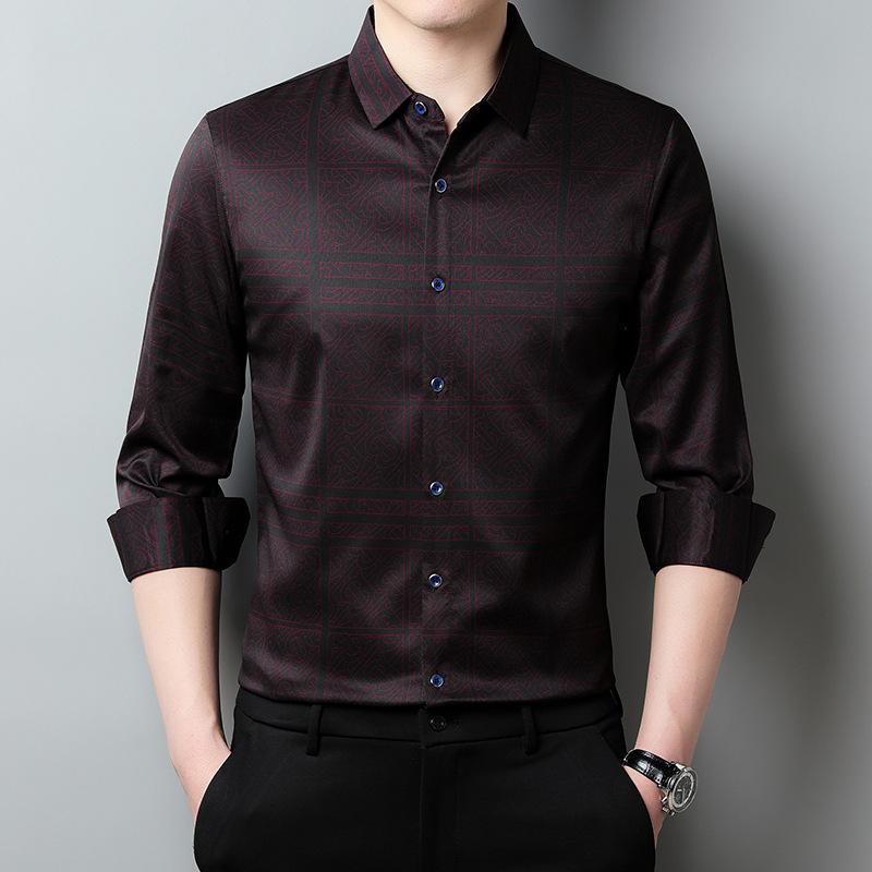Spring and Autumn Men's Loose Long Sleeve Shirt Business Casual Button Cardigan Geometric Print Top