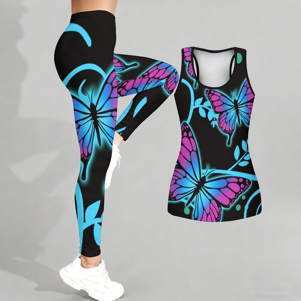 Butterfly Print Yoga Outfit for Women Fashion Workout Leggings Fitness Sports Casual Yoga Set Sports Suit