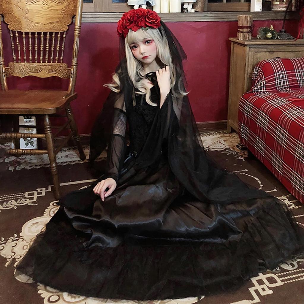 Milky Time Halloween Cosplay Zombie Vampire Ghost Costume with Rose Bride, Cute and Sexy Zombie Bride Long Black Hair (M)
