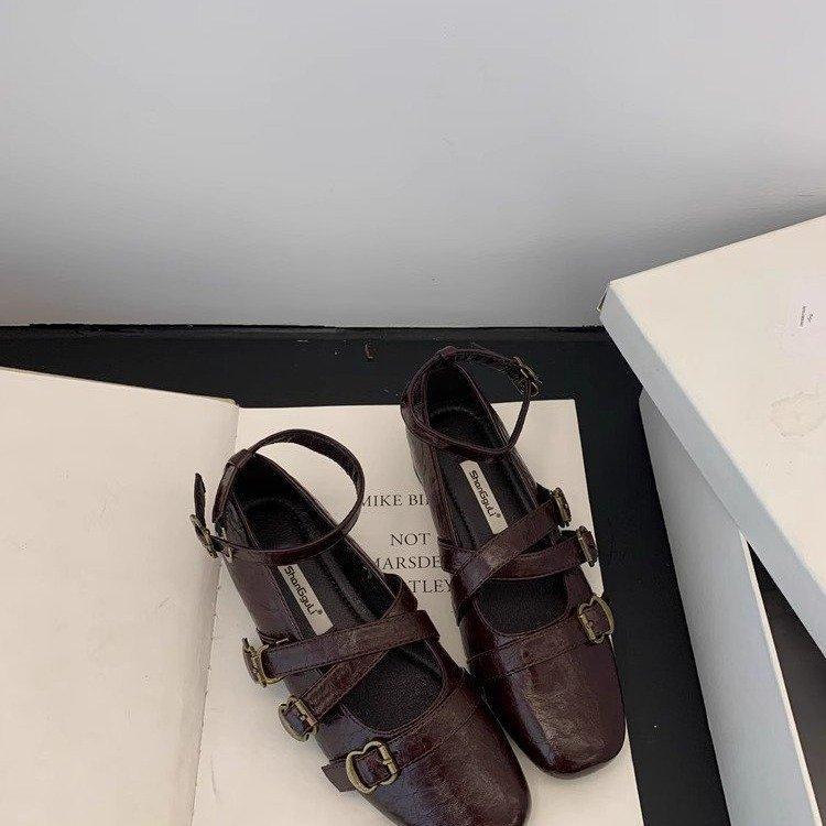 Soft leather version! Retro inner height increase shallow mouth Mary Jane shoes women's design sense cross belt buckle versatile casual single shoes