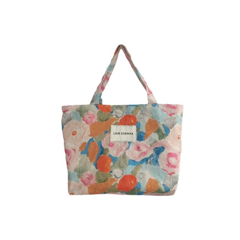 Vintage Oil Painting Flower Handbag Sundries Storage Bag Women's Cute Bento Bag Literary Handbag