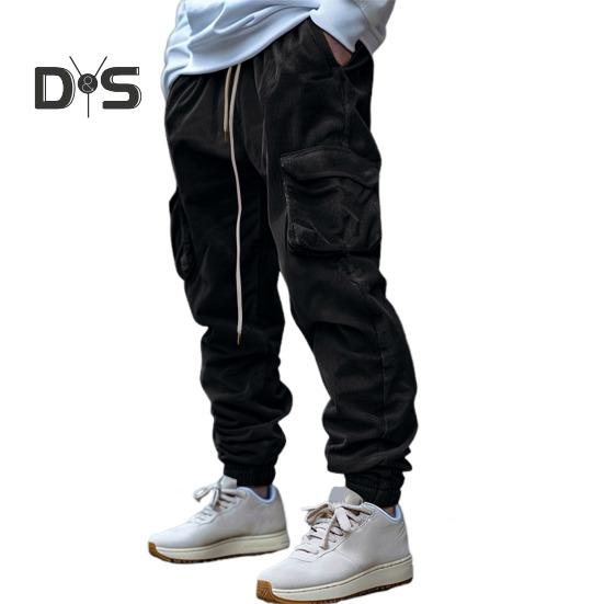 

Мужские брюки-карго с эластичной резинкой на щиколотке, свободные однотонные спортивные штаны с карманами в стиле ретро, ветрозащитные брюки длиной до щиколотки M чёрный