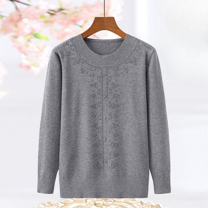Spring and Autumn Thin Women's Round Neck Sweater Rhinestone Loose Knit Pullover Sweater Plus Size Knitwear