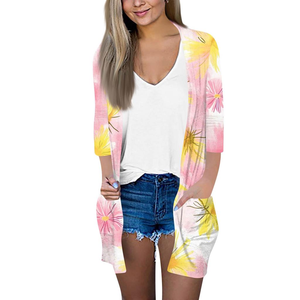 Women's Fashion Loose Casual Pocket Printed Cardigan Seven Sleeve Jacket Top