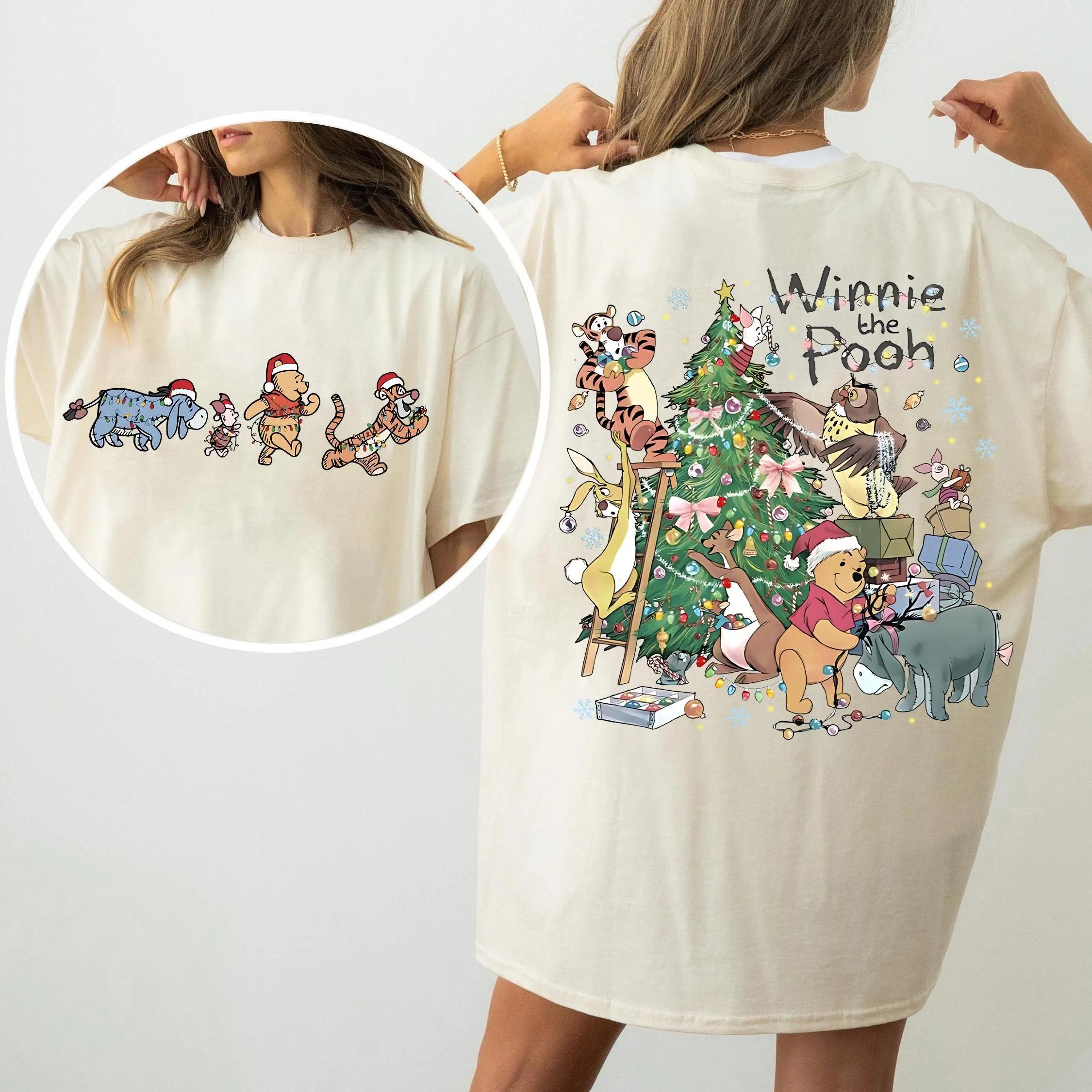 Retro Pooh and Friends Christmas Tree Shirt Christmas Family Matching Tee Pooh Piglet Tigger Eeyore Xmas Shirt S