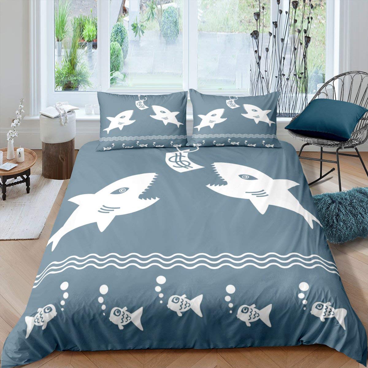 

Cartoon Shark King Queen Duvet Cover Blue Ocean Animal Theme Bedding Set For Kids Boys Girls Sealife 2/3pcs Soft Comforter Cover EU single(135x200cm)