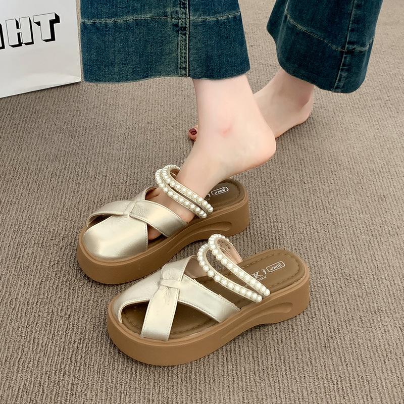 High-end Silver Two-wear Hollow Bag Head Half Slippers Women's 2025 Summer Wear with Skirt Pearl One-pedal Slippers