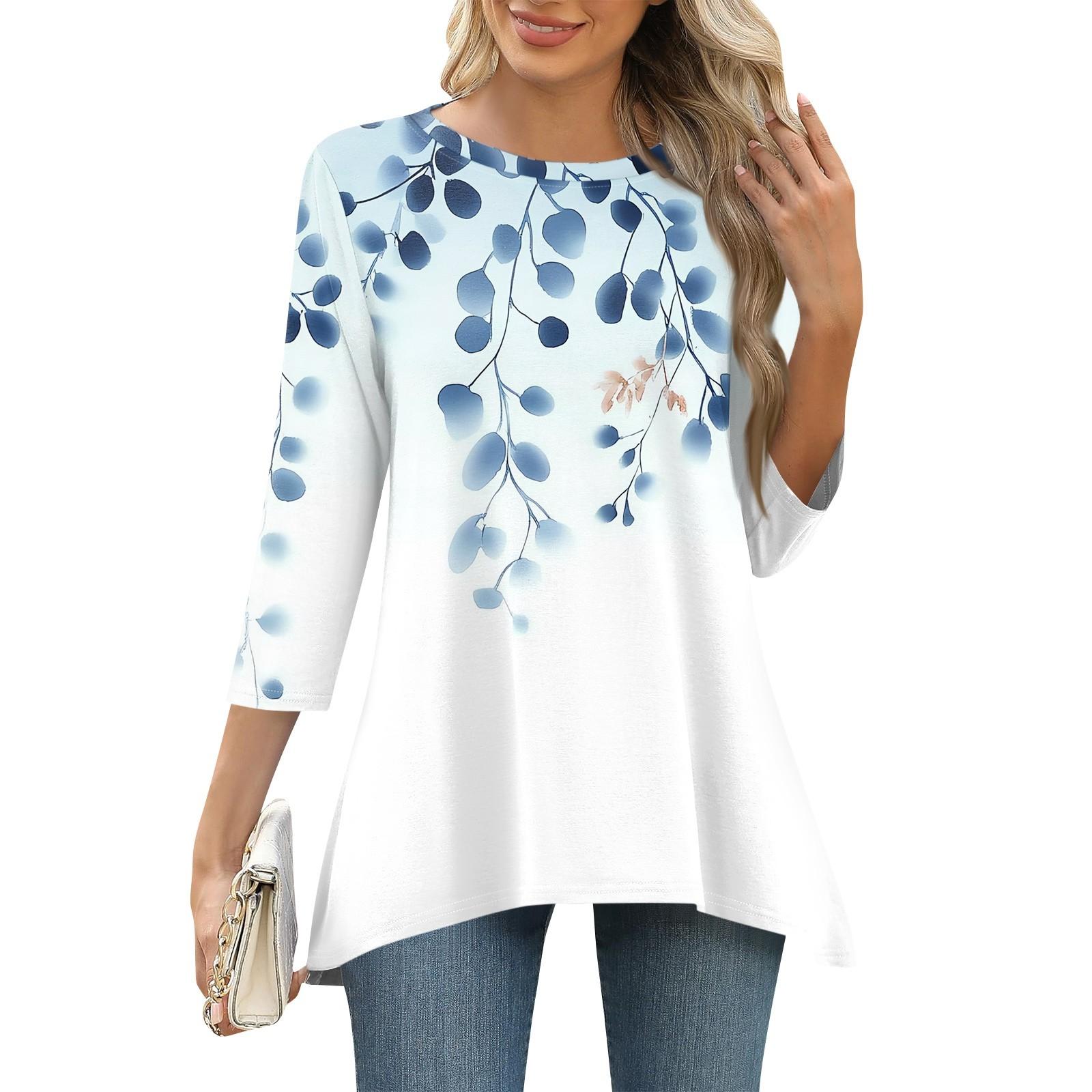 

3/4 рукав туника топы для женщин принтованный повседневный выходной свободный крой модная базовая футболка с круглым вырезом XL белый