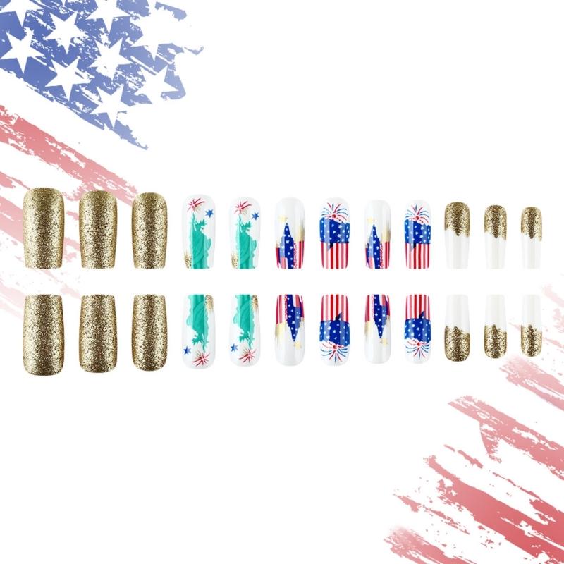 24 Pcs Independence Day False Nail Star Artificial Nail 4th of July Full Cover Stick on Nail Long Square Press On Nail