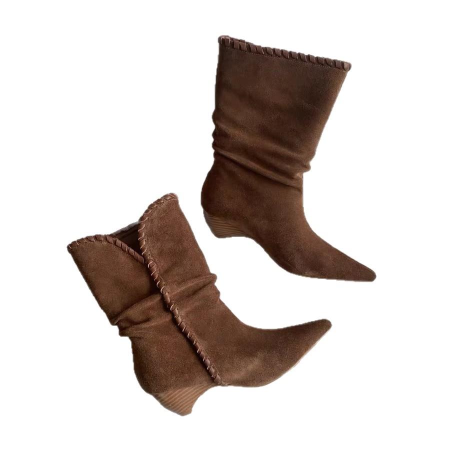 French Retro Pointed Pleated Thick Heel Medium Tube Short Boots Children 2025 New Temperament Hundred Fashion with Western Boots