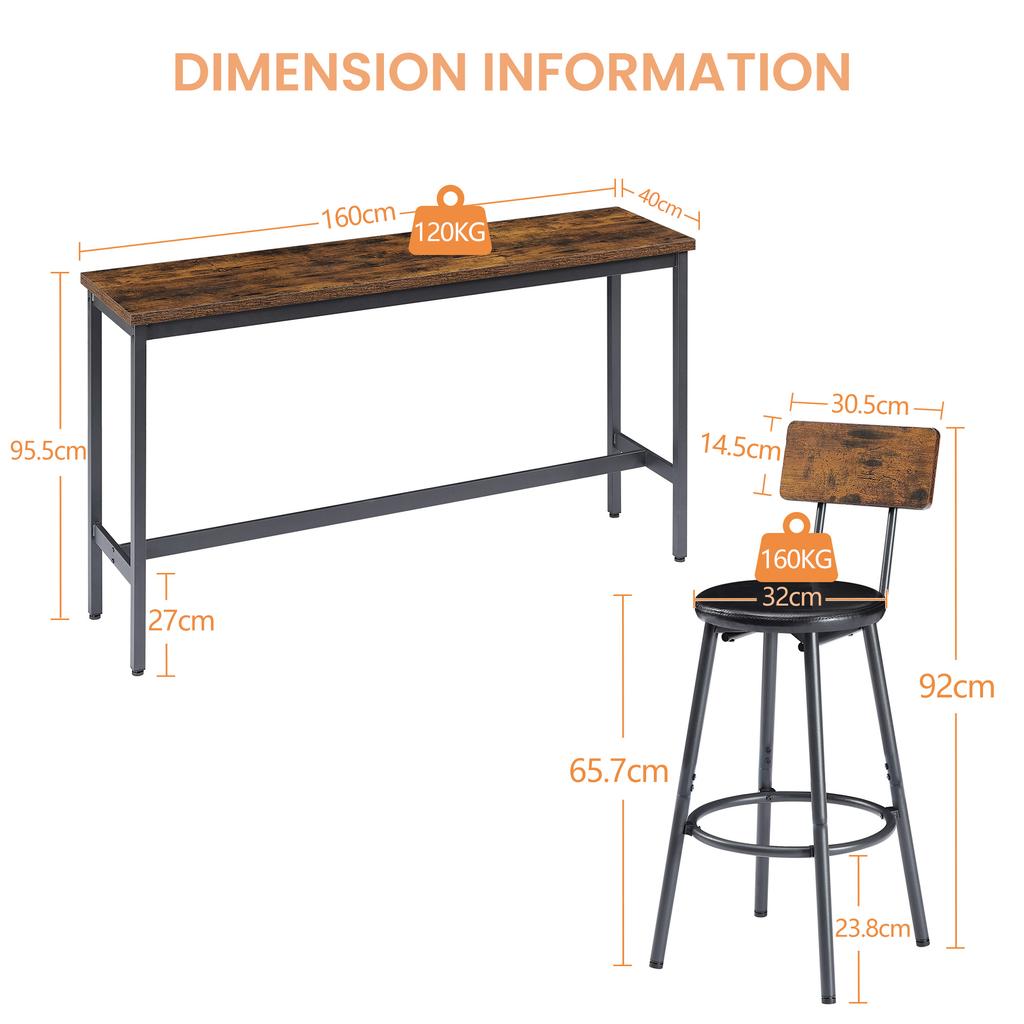 Long Bar Table with 3 Padded PU Bar Stools, Industrial Bar Table for the Kitchen, Breakfast Room, Living Room, Banquet Hall, Rustic Brown and Black