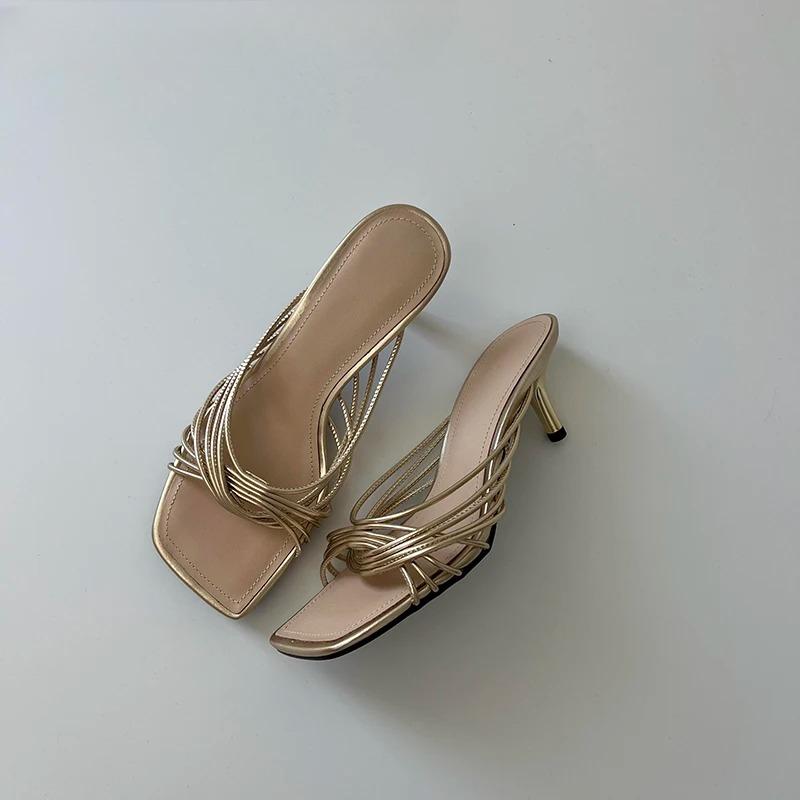 2025 New Summer Concise Narrow Band Women Slippers Fashion Thin Heels Party Pumps Mules Slide Shoes