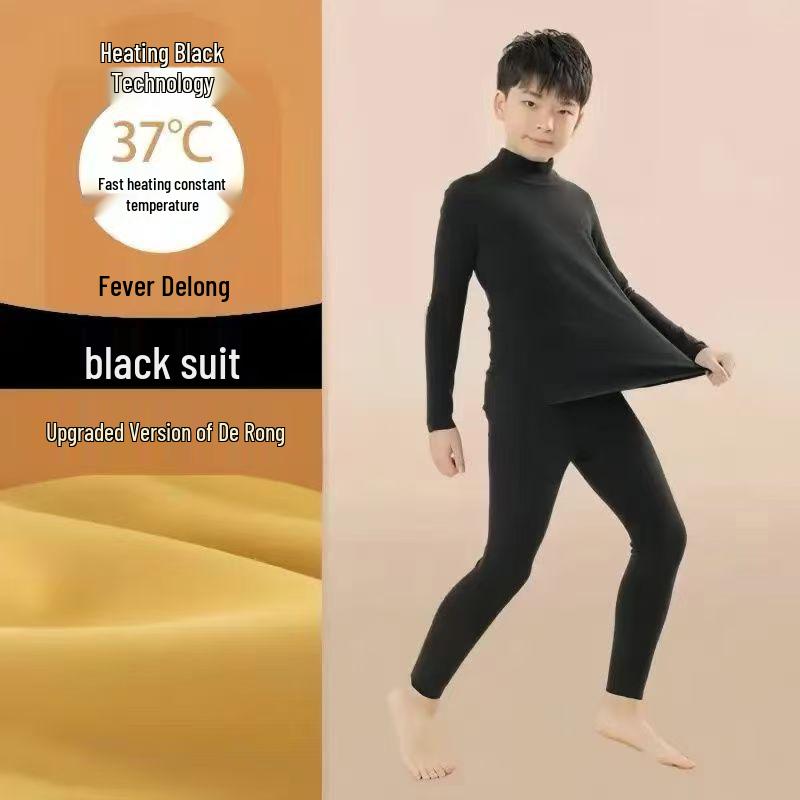 Kids' Double-Sided Fleece Warm Set: High Collar, Cold Protection, Autumn Top & Bottom, Medium/Large Sizes