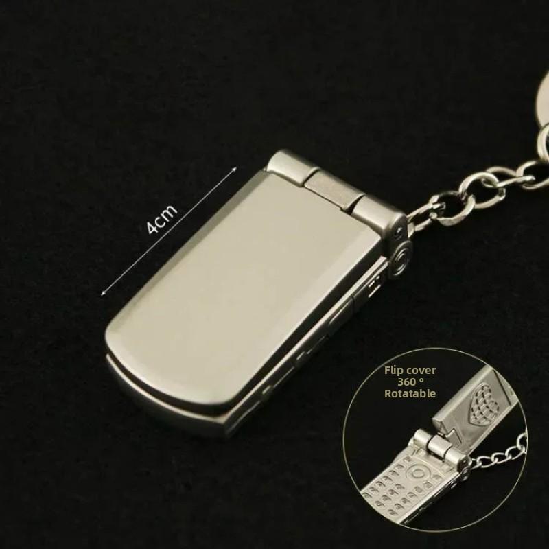 Creative Pendant Mini Mobile Phone with Flip Cover and Rotating All Metal Toy Decoration Gift Keychain