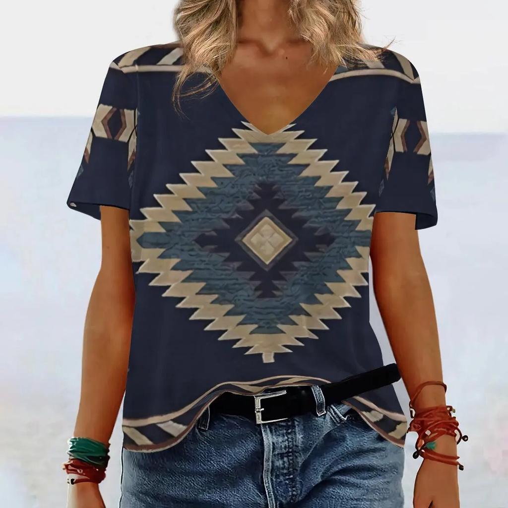 Short Sleeved V-neck Summer Ethnic Style Print Design Casual Women's T-shirts